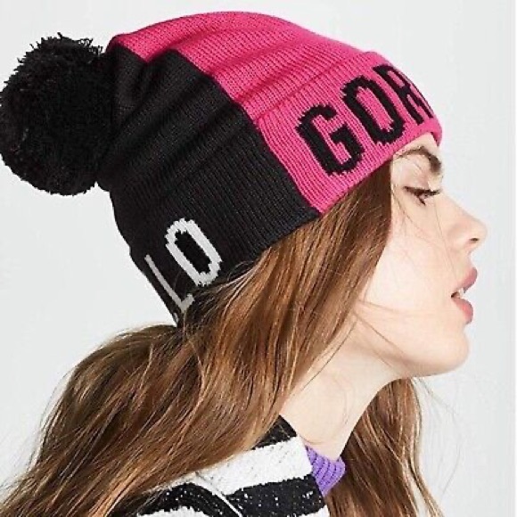 NWT Kate Spade Hello Gorgeous Black Pink Winter Pom Pom Beanie Hat - Picture 1 of 7